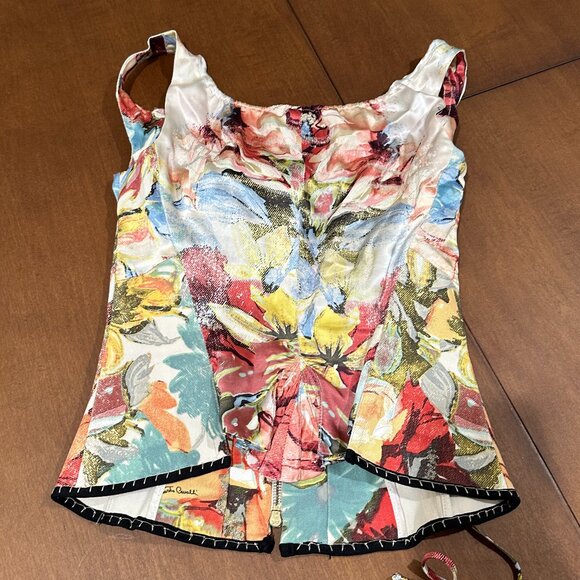 Roberto Cavalli S/S 2003 Bustier Corset Floral Abstract Print Denim Silk Top (M) - Picture 2 of 4